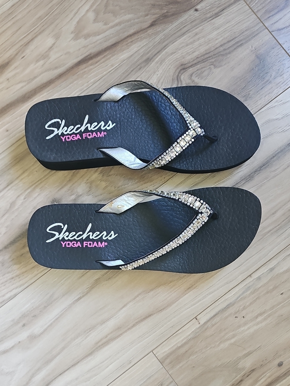 Skechers Black Flip Flops with Sparkling Rhinestone Straps